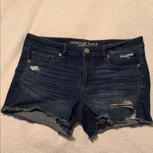 American Eagle Super Stretch X Midi Denim Shorts Distressed Dark Wash Size 14